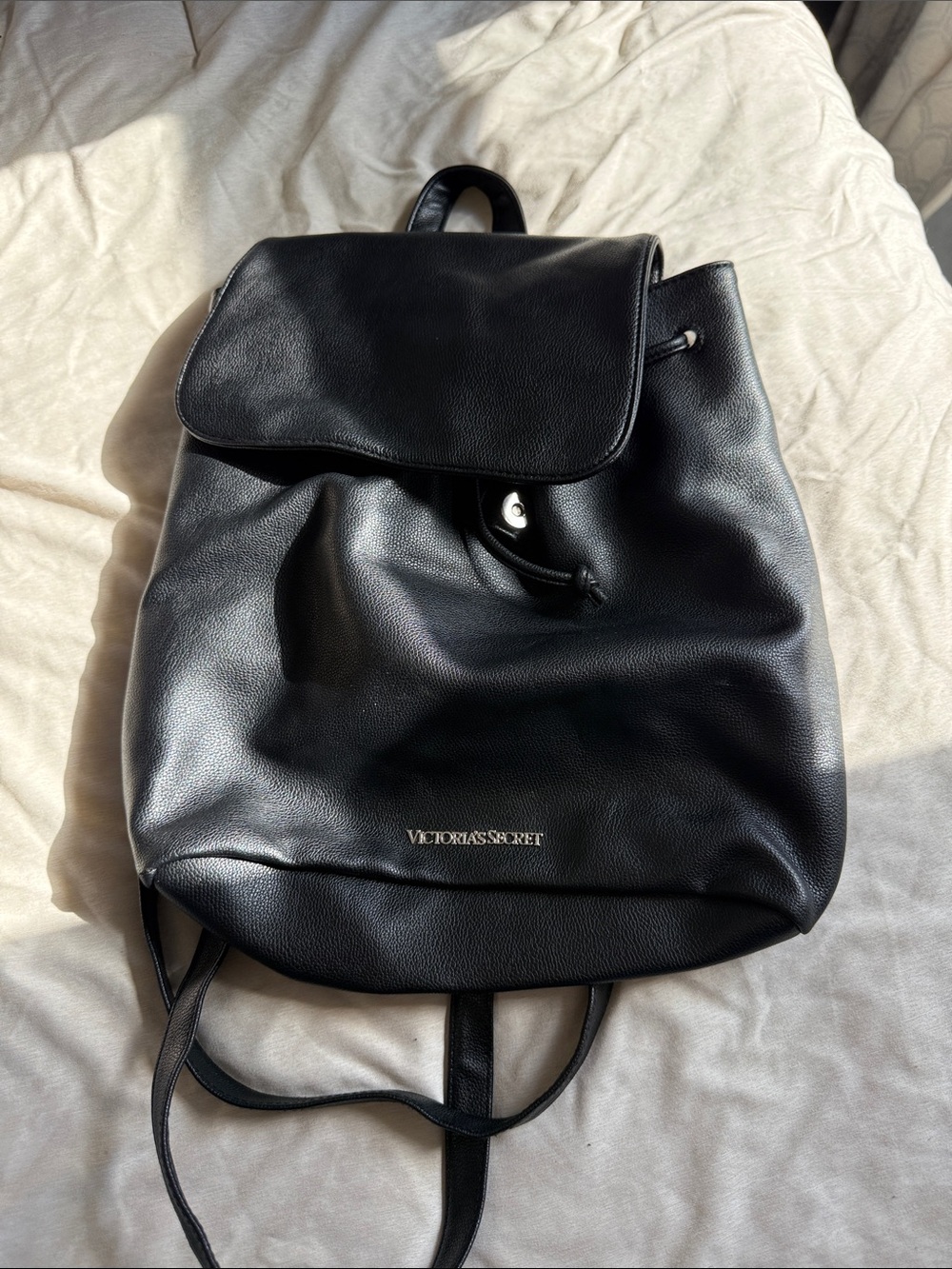 Victoria's Secret Black Faux Leather Drawstring Backpack